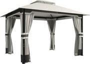 Outsunny Pérgola de Jardim 360x300x279 cm com Duplo Teto 4 Paredes Laterais e Rede Mosquiteira Estrutura Metálica Cinza Claro | Aosom Portugal