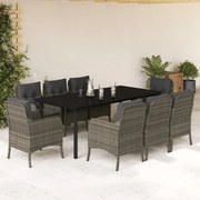 vidaXL 9 pcs conjunto de jantar p/ jardim c/ almofadões vime PE cinza