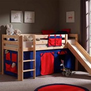 Conjunto Cama alta de Criança PINO 90 x 200 cm + estrado + escada + escorrega + cortina Domino Natural