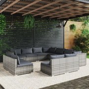 11 pcs conjunto lounge jardim c/ almofadões vime PE cinzento