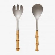 Cubiertos De Salada Em Aço Inoxidável Com Cabo Em Bambu 2 Peças Visola Cinza Cromado - Sklum