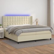 Cama box spring c/ colchão/LED 200x200cm couro artificial creme