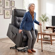 Poltrona Relax Reclinável Elétrica Elevatória em Couro PU com Controlo Remoto, Assento com Molas, Apoio para os Pés, Cinzento