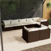 8 pcs conjunto lounge de jardim c/ almofadões vime PE castanho