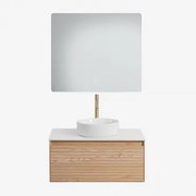 Conjunto De Móvel De Casa De Banho Suspenso 80x50 Cm Em Madeira De Freixo Tedrik Castanho Fresno & Cerâmica Redonda Branca Ø40 Cm - Sklum