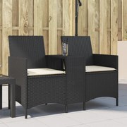 vidaXL Sofá de jardim c/ mesa e almofadões 2 lugares vime PE preto