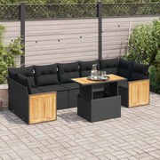 vidaXL 8 pcs conjunto sofás jardim com almofadões vime PE/acácia preto