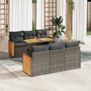 7 pcs conjunto sofás jardim almofadões vime PE/acácia cinzento