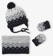 Conjunto gorro, gola snood e luvas em jacquard, para bebé  cinza mesclado