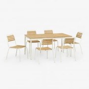 Conjunto De Mesa Retangular Artus 160x90 Cm E 6 Cadeiras De Jardim Empilháveis Em Aço E Madeira De Acácia Gardénia Branco - Sklum