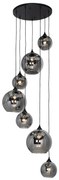 Candeeiro de suspensão Art Deco preto com vidro fumê redondo 7 luzes - Sandra