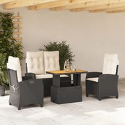 vidaXL 4 pcs conjunto de jardim p/ jardim c/ almofadões vime PE preto