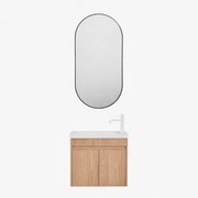 Conjunto De Móvel De Casa De Banho Suspenso Em Madeira Com Lavatório Integrado Narek Castanho Fresno & Ovale Led E Antifog Preto 50x100 Cm - Sklum