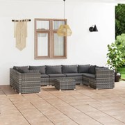 10 pcs conjunto lounge de jardim c/ almofadões vime PE cinzento