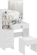 HOMCOM Toucador de Maquilhagem com Banco Espelho 4 Gavetas 4 Compartimentos de Armazenamento Estilo Moderno 80x38x143cm Branco | Aosom Portugal