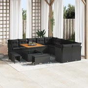 vidaXL Conjunto de Sofá de Jardim com 13 Peças e Almofadas Pretas em Rattan Poliéster e Acácia