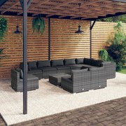 11 pcs conjunto lounge de jardim c/ almofadões vime PE cinzento