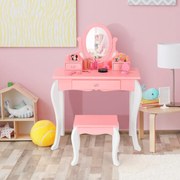 Conjunto de Toucador e Banco para Crianças Mesa de Maquilhagem para Princesas para Meninas com Espelho Rotativo 360° Removível 3 Gavetas Rosa e Branco