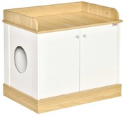 PawHut Casa para Gatos de Madeira Móvel Caixa de Areia para Gatos 2 em 1 com Bancada de Armazenamento Dupla Porta e Orifício de Entrada Lateral 75x53x67cm Branco e Carvalho