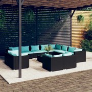 13 pcs conjunto lounge de jardim c/ almofadões vime PE preto