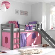 Conjunto Cama alta de Criança PINO 90 x 200 cm + estrado + escada + escorrega + cortina Bella Cinzenta