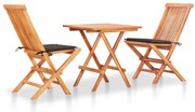 vidaXL Conjunto bistrô + almofadões cinza-acastanhado 3pcs teca maciça