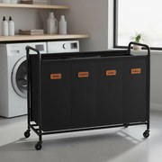 Cesto para roupa suja com 4 compartimentos com 200 l e rodas, 79 x 40 x 91 cm Preto