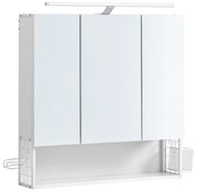 Armário de parede VASAGLE com espelho, armário de banheiro com lâmpada LED, com cabo, armário de 3 portas, prateleira ajustável, suporte para secador de cabelo, panela, chique moderno, branco BBK124W14