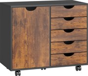 HOMCOM Móvel de arrumação para escritório 5 gavetas 1 porta prateleira ajustável, suporte para impressora rodízios, 78x40x66,5 cm, castanho | Aosom Portugal
