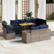 vidaXL 9 pcs conjunto sofás p/ jardim com almofadões vime PE cinzento