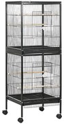 PawHut Gaiola para Pássaros com Rodas de 2 Níveis com Bandejas Removíveis Portas Comedouros Poleiros 51,5x50x140 cm Preto | Aosom Portugal