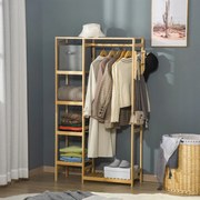 Guarda Roupa com Prateleiras de 4 Níveis com Barra Prateleira Inferior e Cabide Lateral para Roupas Bolsas Dormitório 90x30x155cm Natural