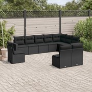 vidaXL 10 pcs conjunto sofás de jardim c/ almofadões vime PE preto