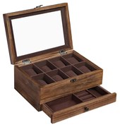 Caixa de relógio SONGMICS com 8 compartimentos, estojo de madeira de 2 níveis com tampa grande de vidro, almofadas para relógio, forro de veludo, caixa de joias, presente para entes queridos, nogueira rústica JOW008K01