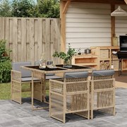 vidaXL 5pcs conj. jantar jardim c/ almofadões vime PE bege misturado