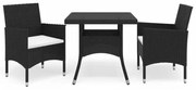 3 pcs conjunto jantar p/ jardim vime PE e vidro temperado preto