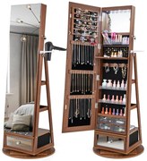 Armário para joias giratório 360° com fechadura, espelho de corpo inteiro e luzes LED - marrom rústico