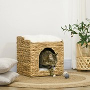 Compartimento aberto para gatos de 2 andares com 2 almofadas em jacinto-d'água - 37,5 x 37,5 x 41,5 cm castanho-creme