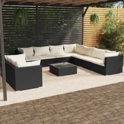 10 pcs conjunto lounge de jardim c/ almofadões vime PE preto