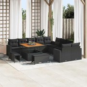 vidaXL Conjunto de Sofá de Jardim com 13 Peças e Almofadas Pretas em Rattan de Poliéster e Madeira Acácia