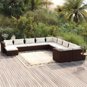 11 pcs conjunto lounge de jardim c/ almofadões vime PE castanho