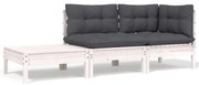 3 pcs conjunto lounge jardim c/ almofadões pinho maciço branco