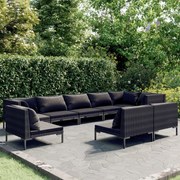 9 pcs conj. lounge jardim c/ almofadões vime PE cinzento-escuro