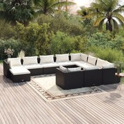 11 pcs conjunto lounge de jardim c/ almofadões vime PE preto