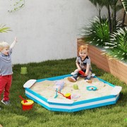 Caixa de Areia para Crianças acima de 3 Anos Quadrada com 4 Assentos para Exterior 133x133x16 cm Azul e Branco