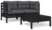 3 pcs conjunto lounge jardim c/ almofadões pinho maciço preto