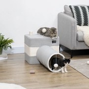 Túnel para Gatos com Caverna Túnel para Animais de Estimação com Orifício Superior Porta Dianteira Poste de Sisal e Bola Suspensa 48x95x58cm Cinza