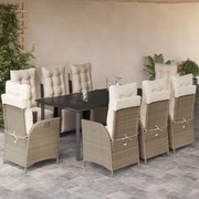 vidaXL 9 pcs conjunto de jantar p/ jardim com almofadões vime PE bege