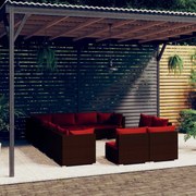 12 pcs conjunto lounge de jardim c/ almofadões vime PE castanho