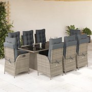 vidaXL 9 pcs conjunto de jantar p/ jardim c/ almofadões vime PE cinza
